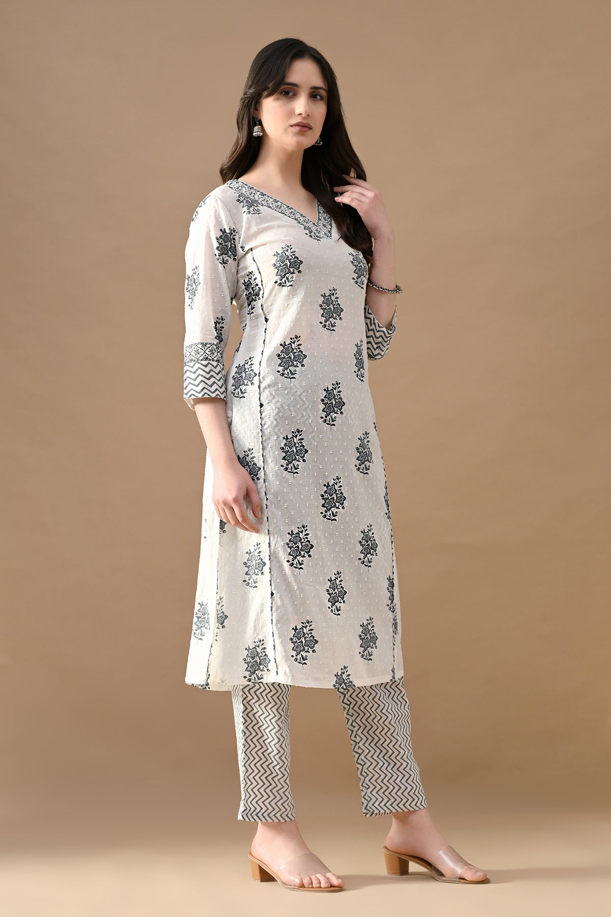 White Printed Kurta 3 Pcs Set