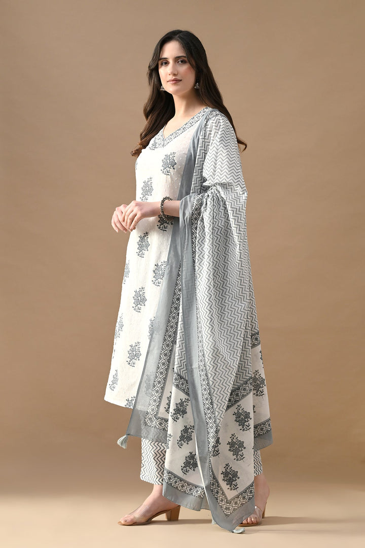 White Printed Kurta Set (3 Piece)