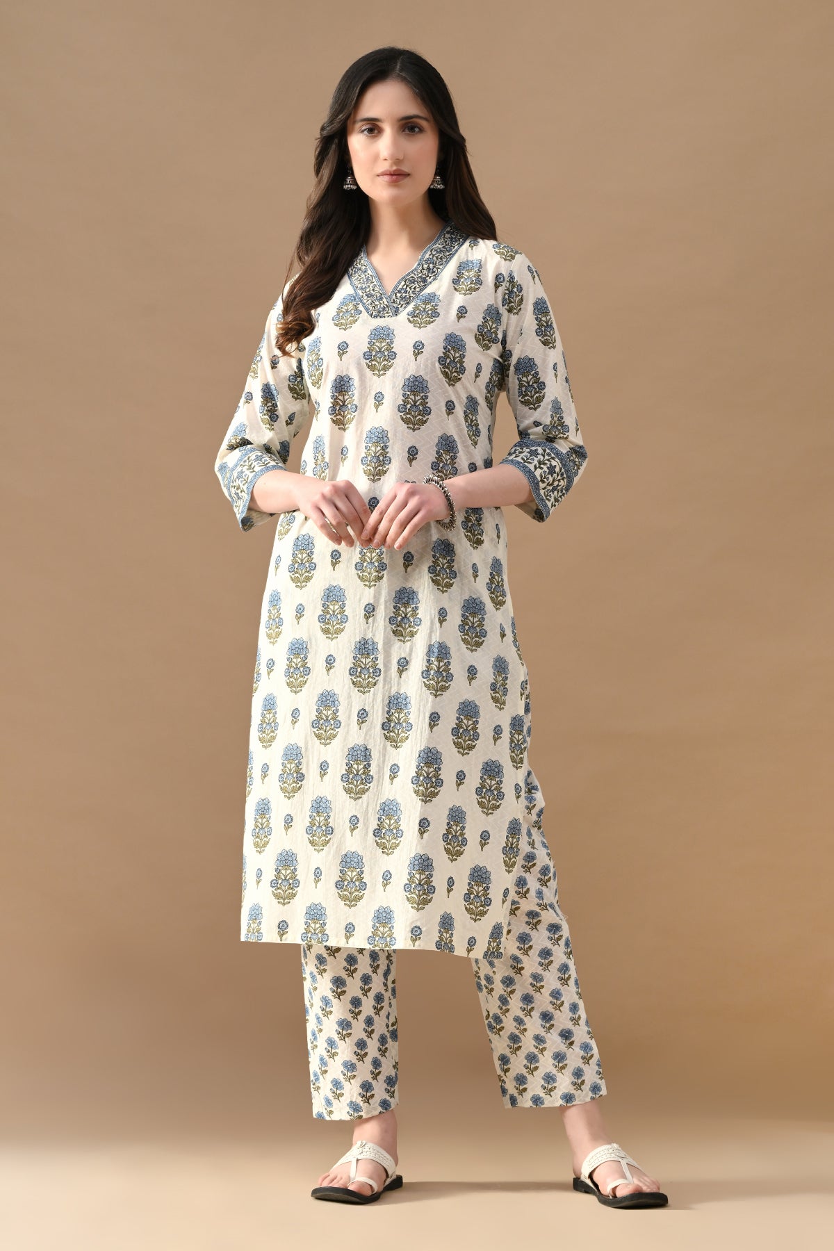 Cream Floral Printed Kurta 2 Pcs Set
