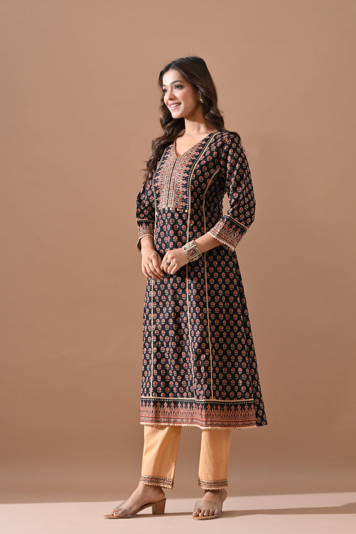 Black Printed A-line Kurta Set