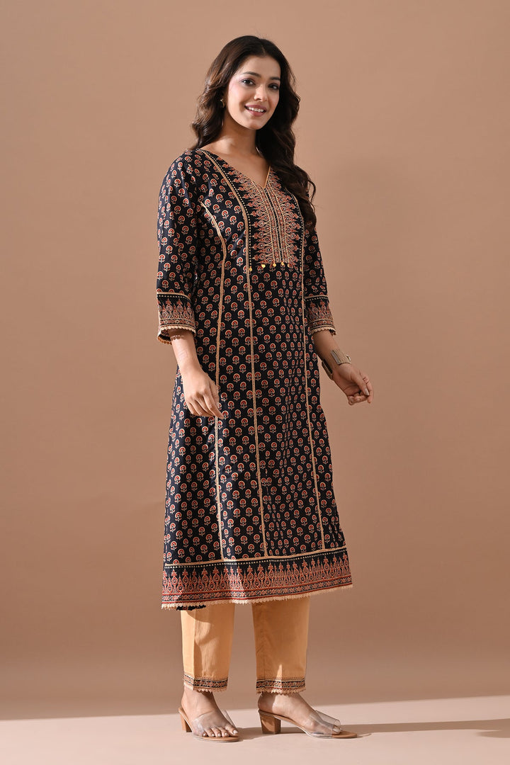 Black Printed A-line Kurta Set
