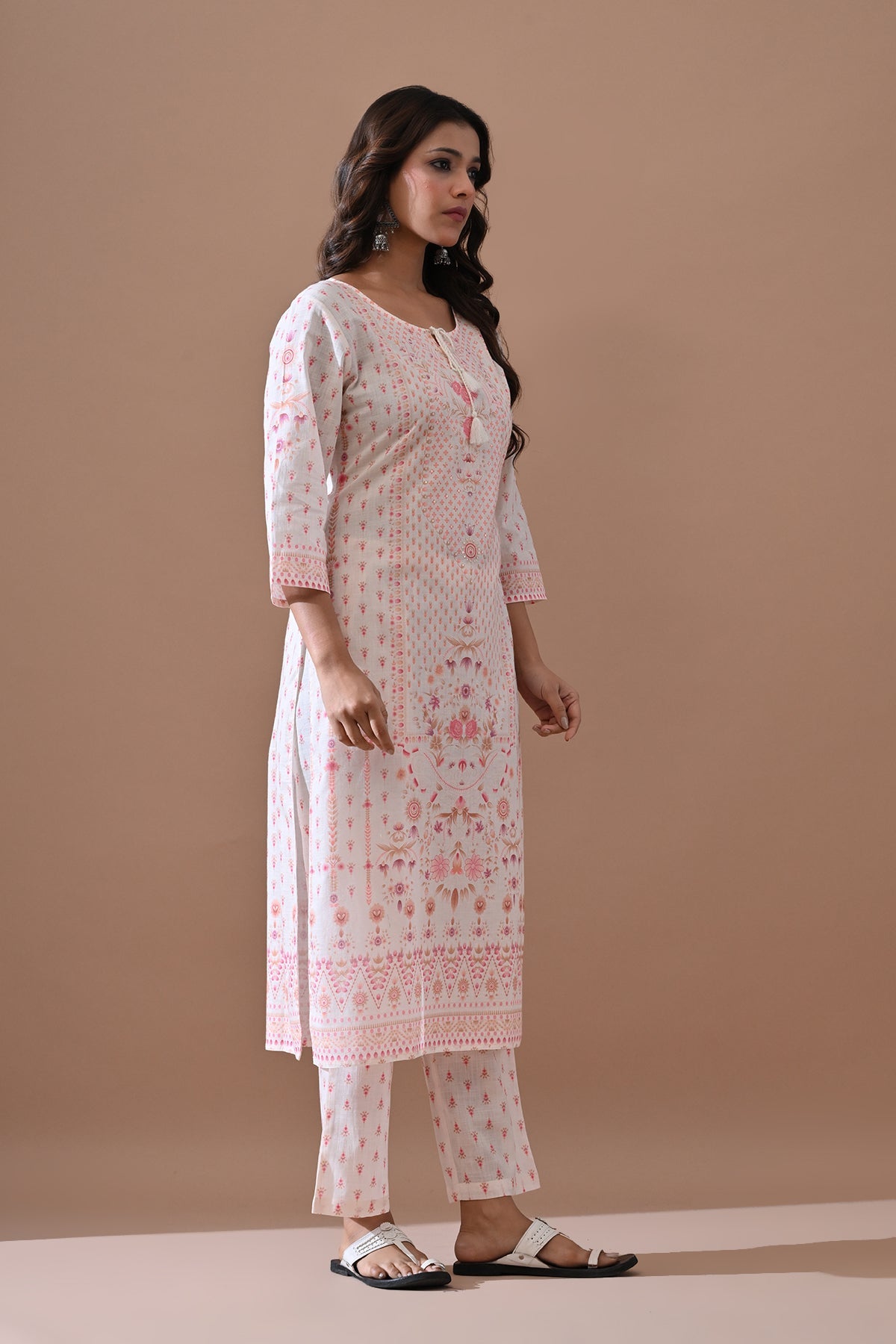 Cream Printed Kurta Set