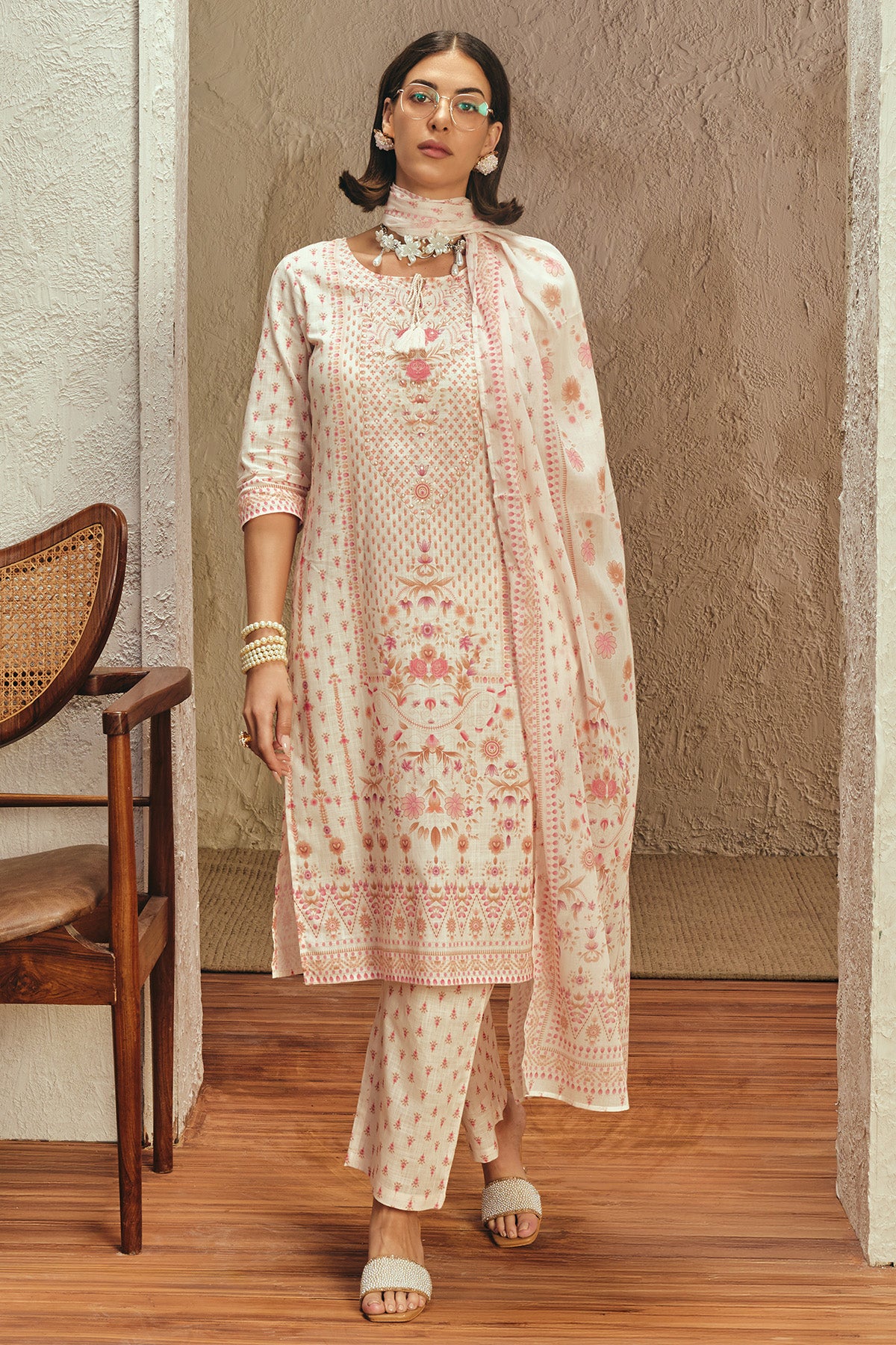 Cream Printed Kurta 3 Pcs Set