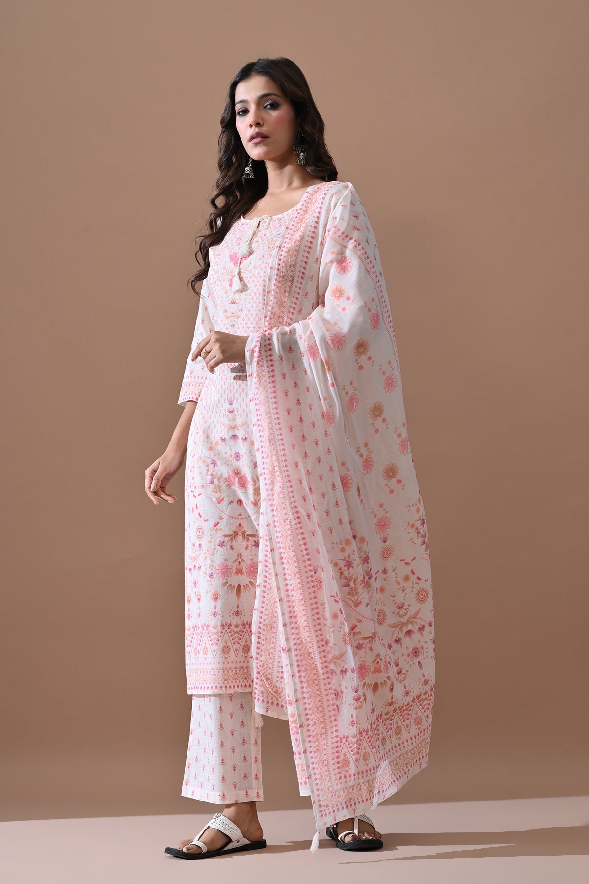 Cream Printed Kurta Set