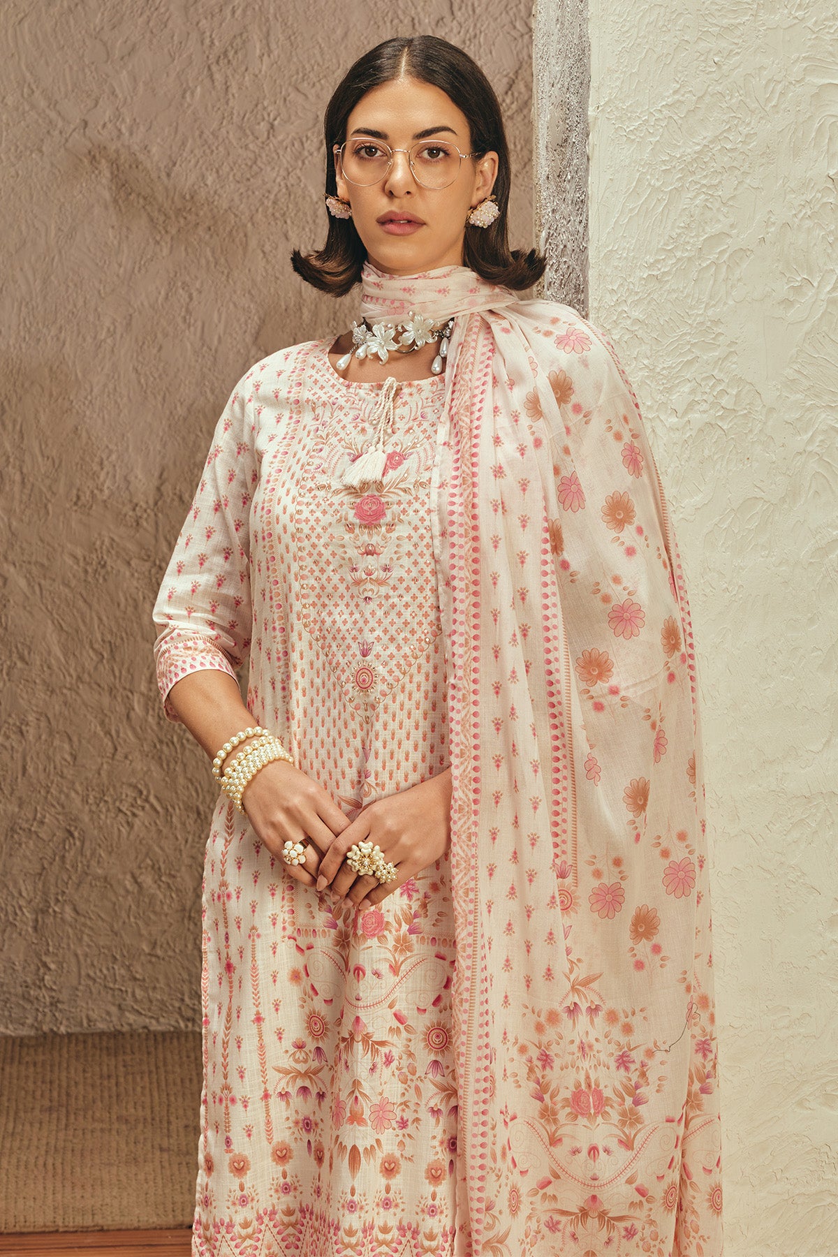Cream Printed Kurta 3 Pcs Set