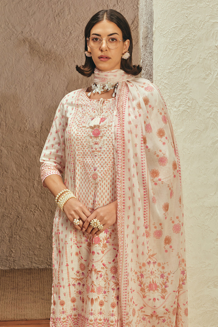 Cream Printed Kurta Set (3 Piece)