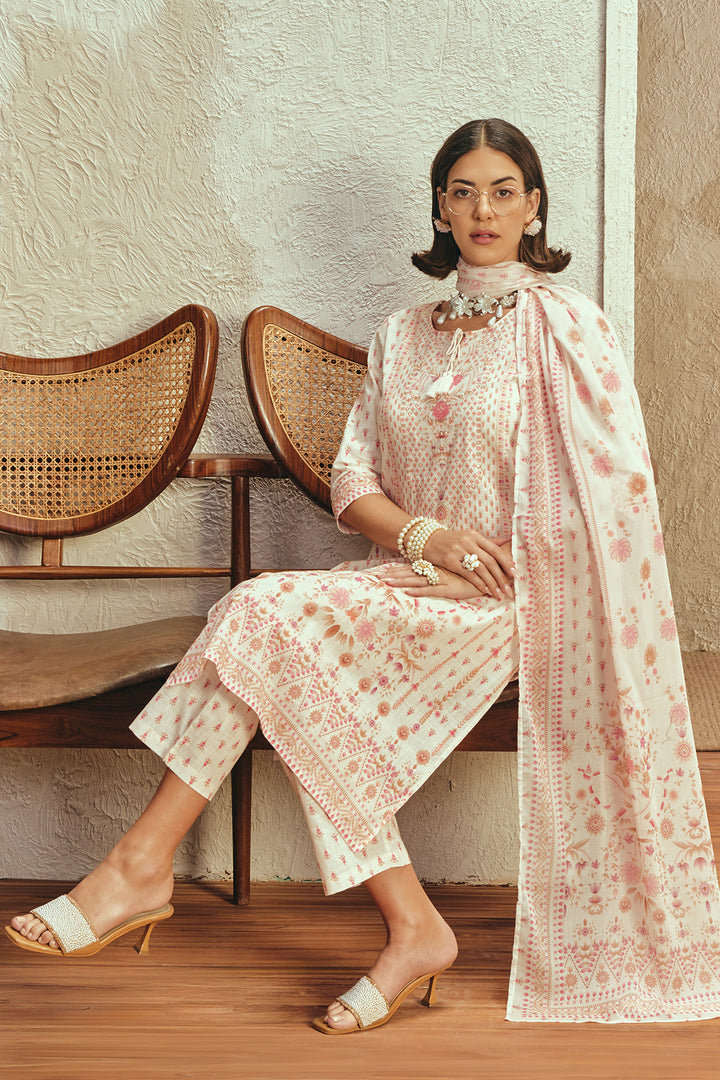 Cream Printed Kurta Set (3 Piece)