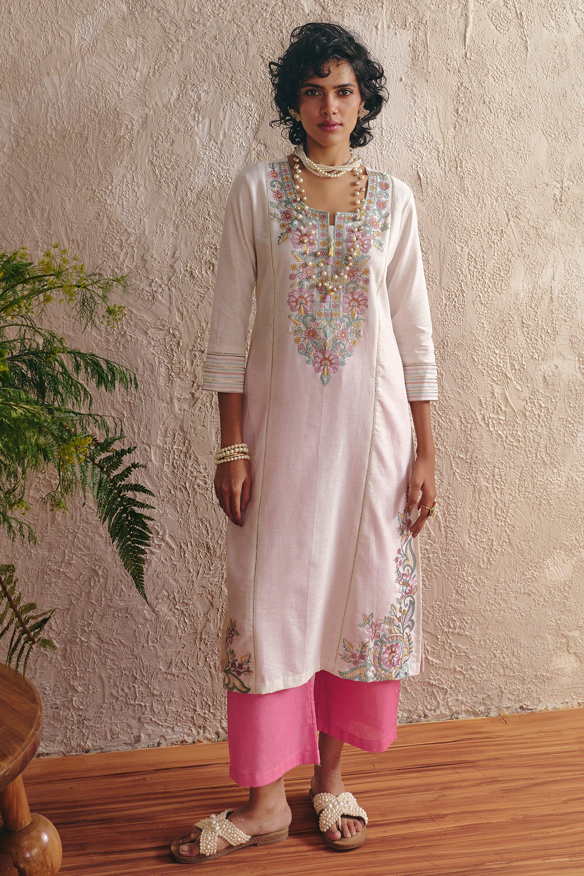 Cream Embroidered Kurta 2 Pcs Set