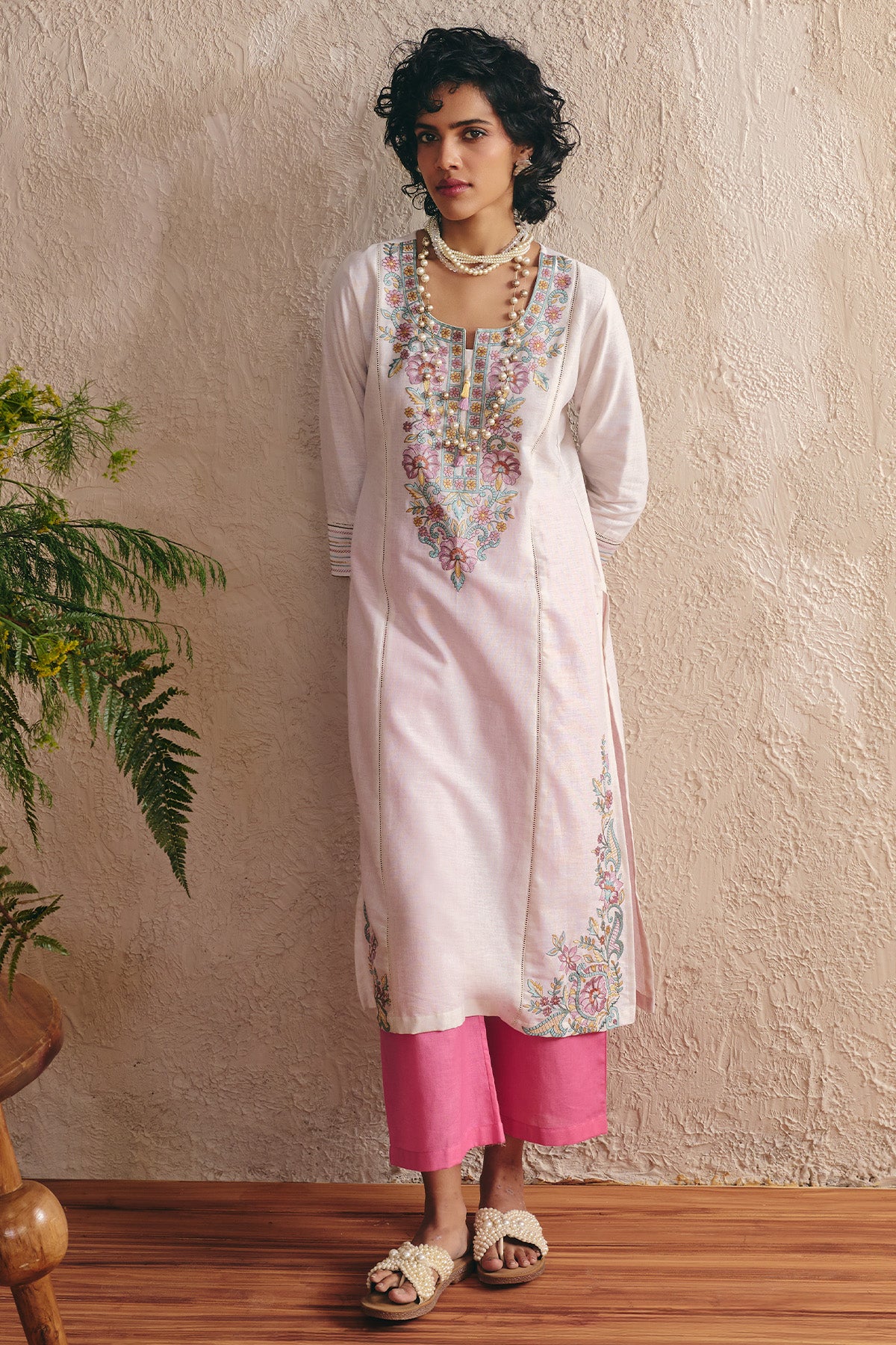 Cream Embroidered Kurta 2 Pcs Set