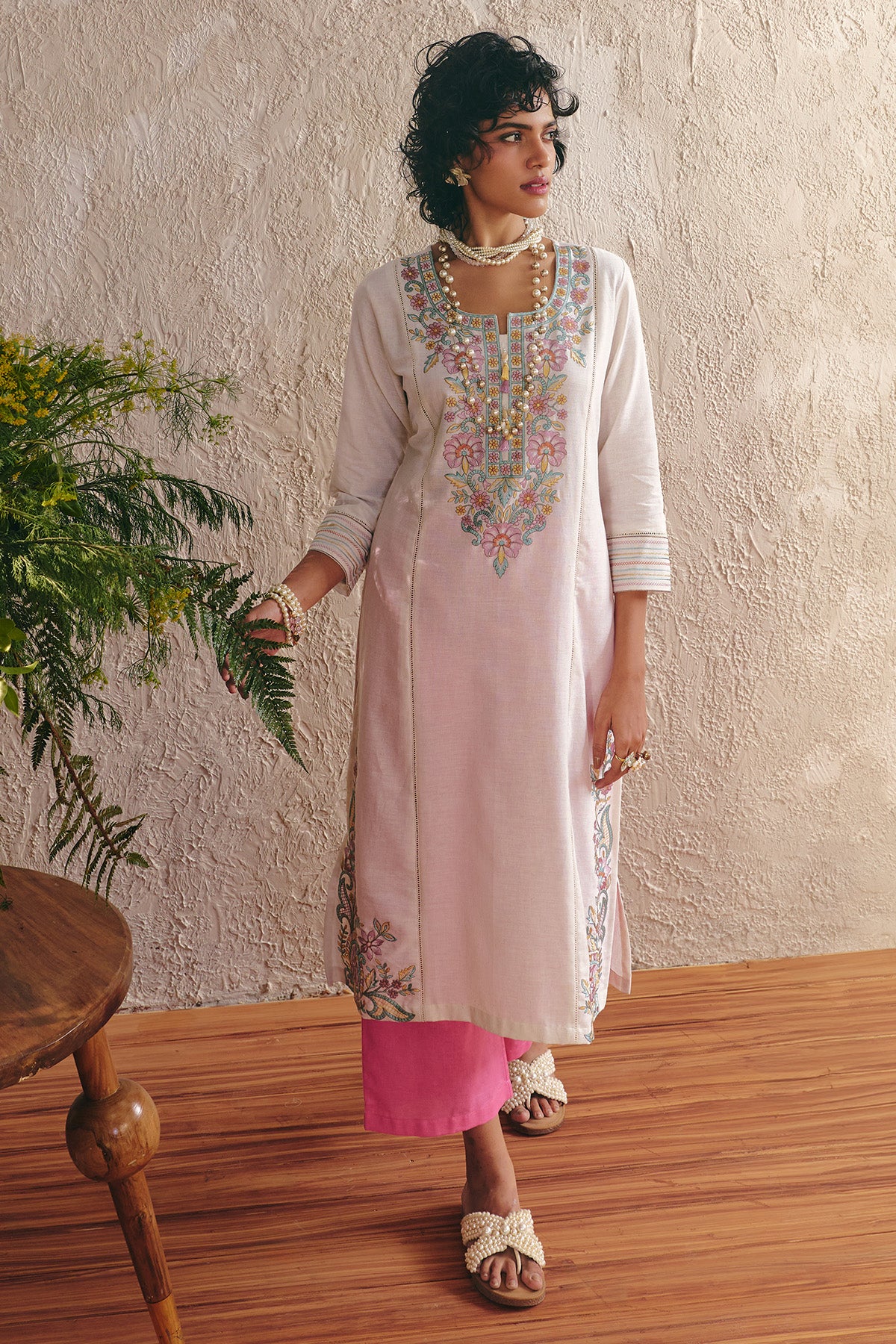 Cream Embroidered Kurta 2 Pcs Set