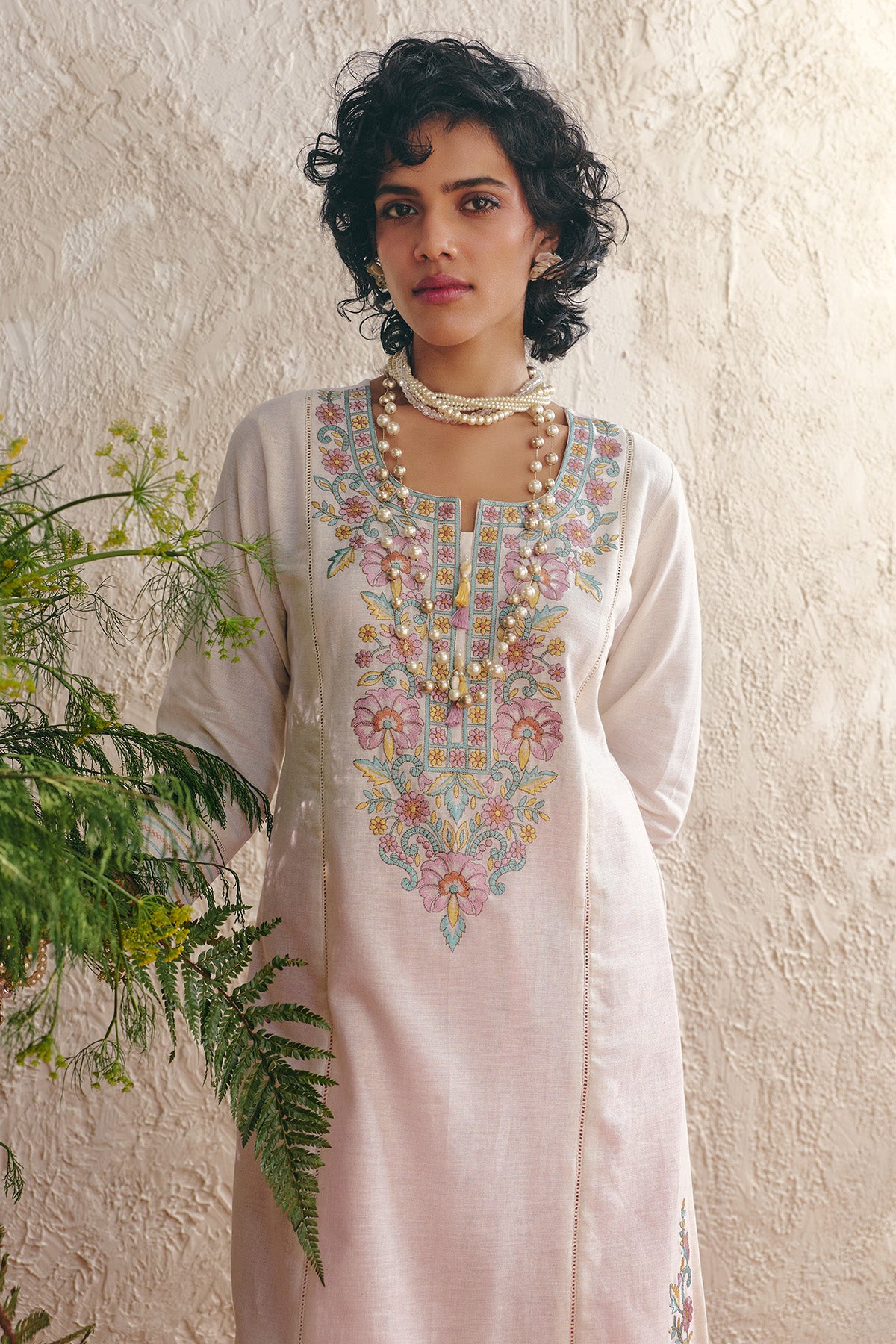 Cream Embroidered Kurta 2 Pcs Set