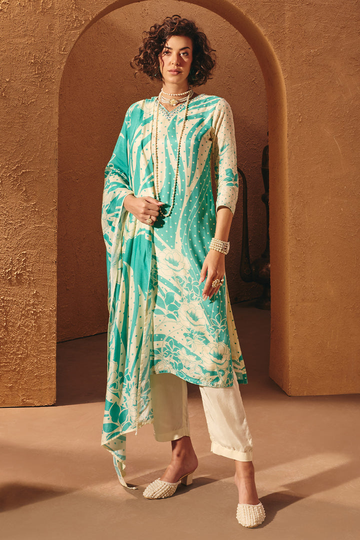 Cream Printed Kurta Set (3 Piece)