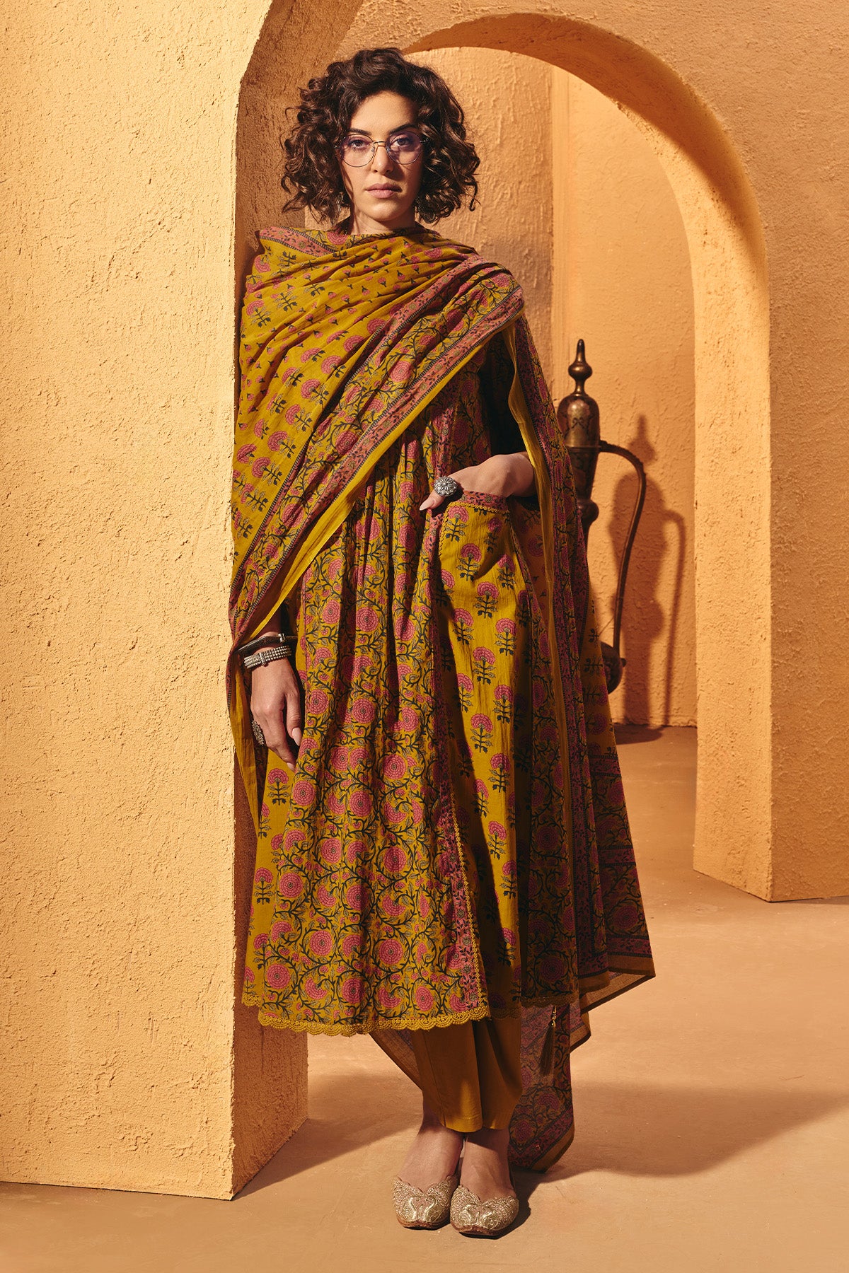 Yellow Printed A-line Kurta 3 Pcs Set