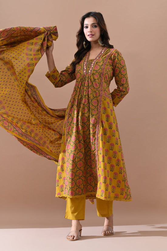 Yellow Printed A-line Kurta Set