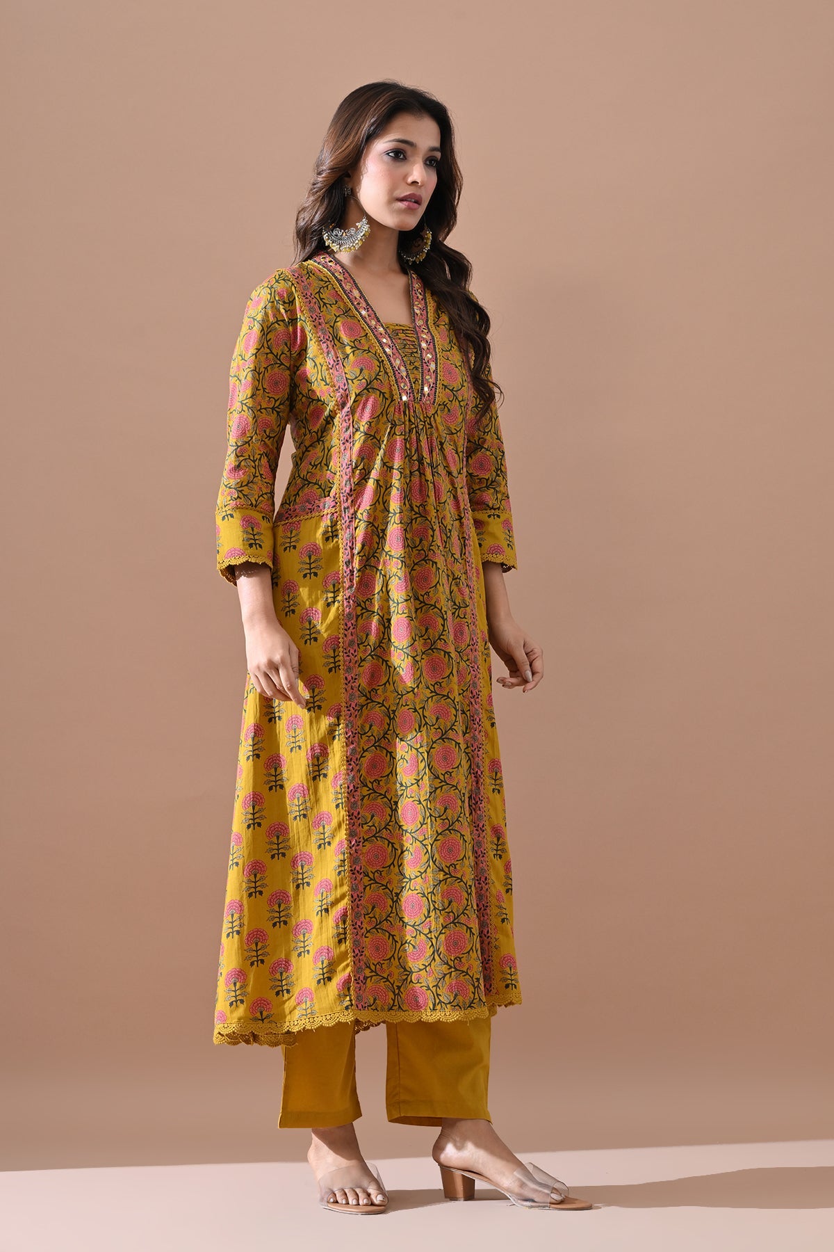 Yellow Printed A-line Kurta Set