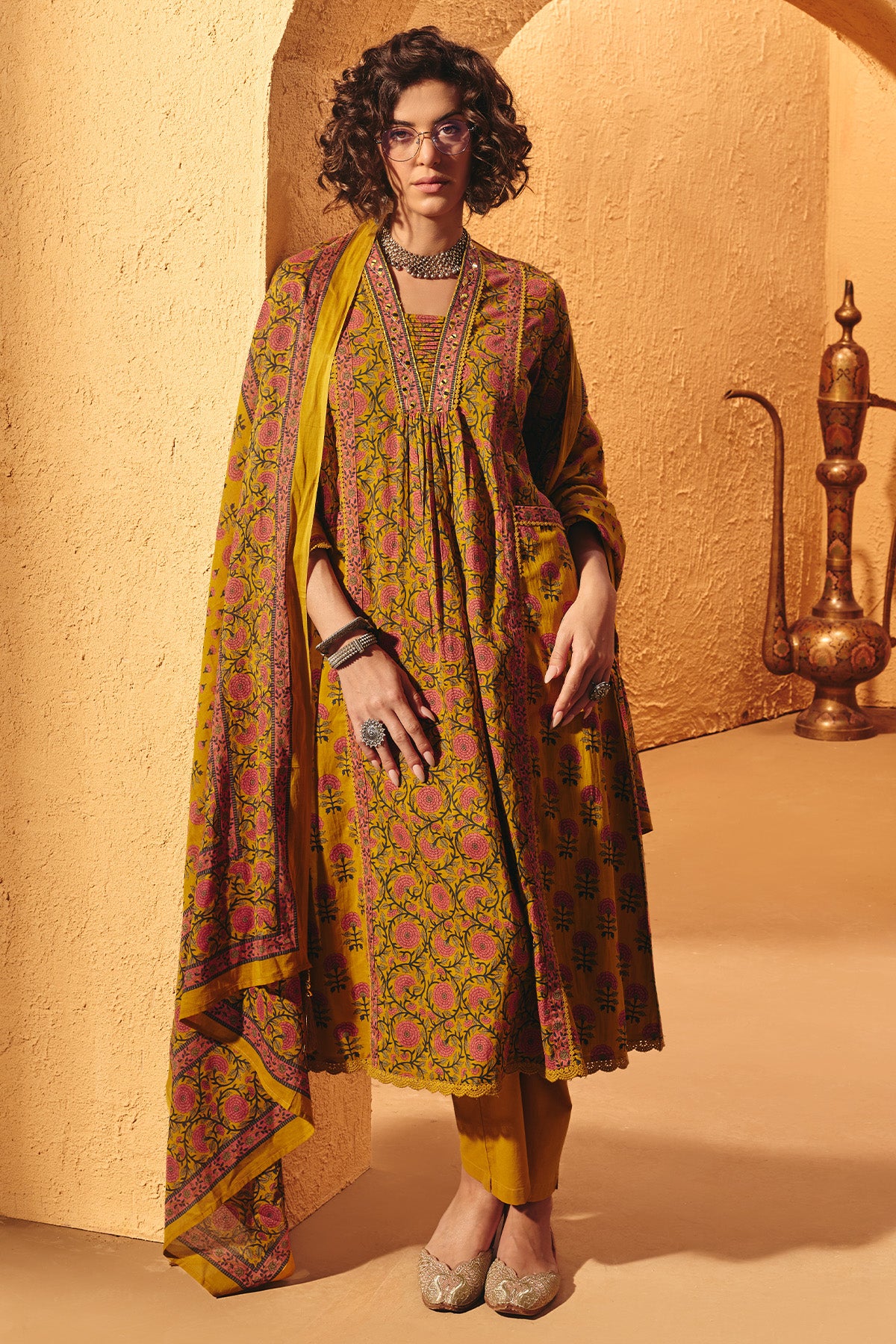 Yellow Printed A-line Kurta 3 Pcs Set