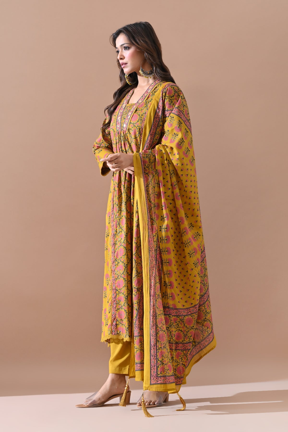 Yellow Printed A-line Kurta Set