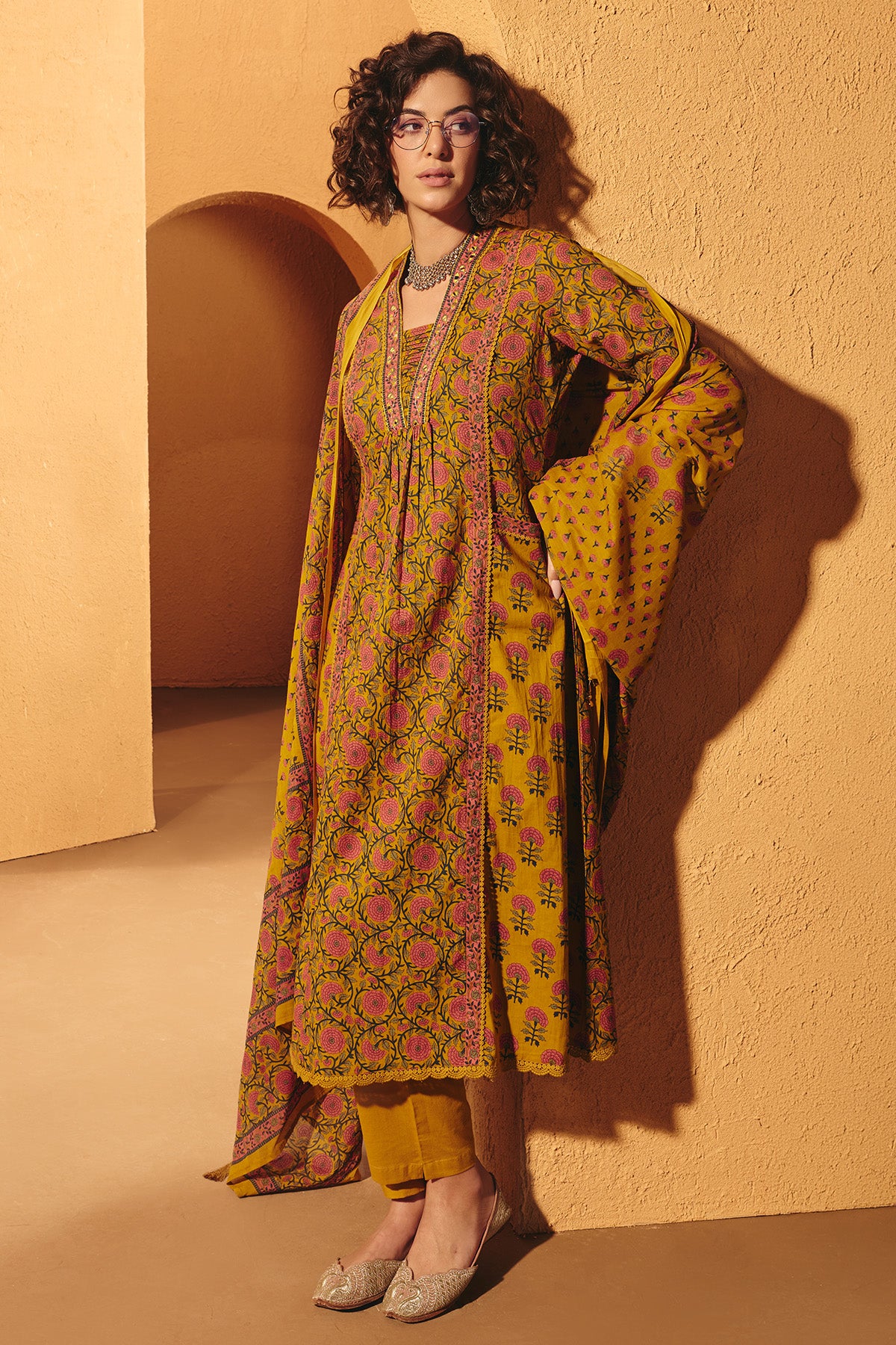 Yellow Printed A-line Kurta 3 Pcs Set
