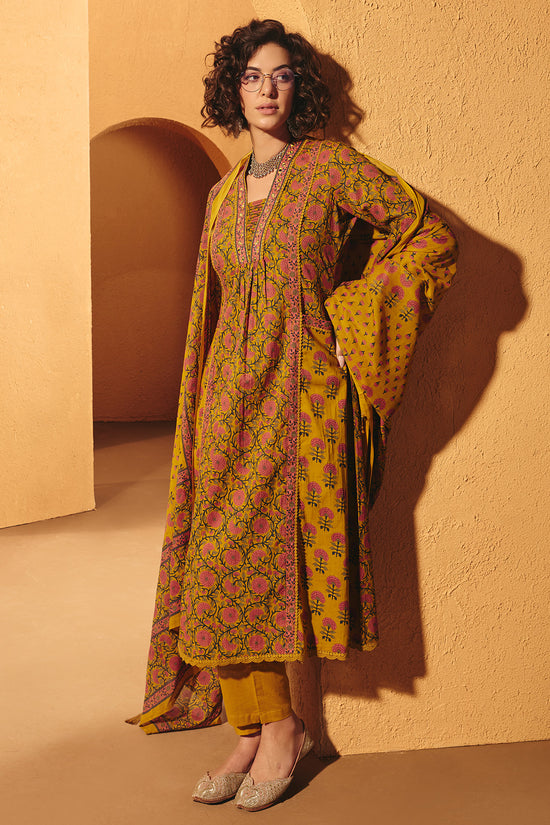 Yellow Printed A-line Kurta 3 Pcs Set