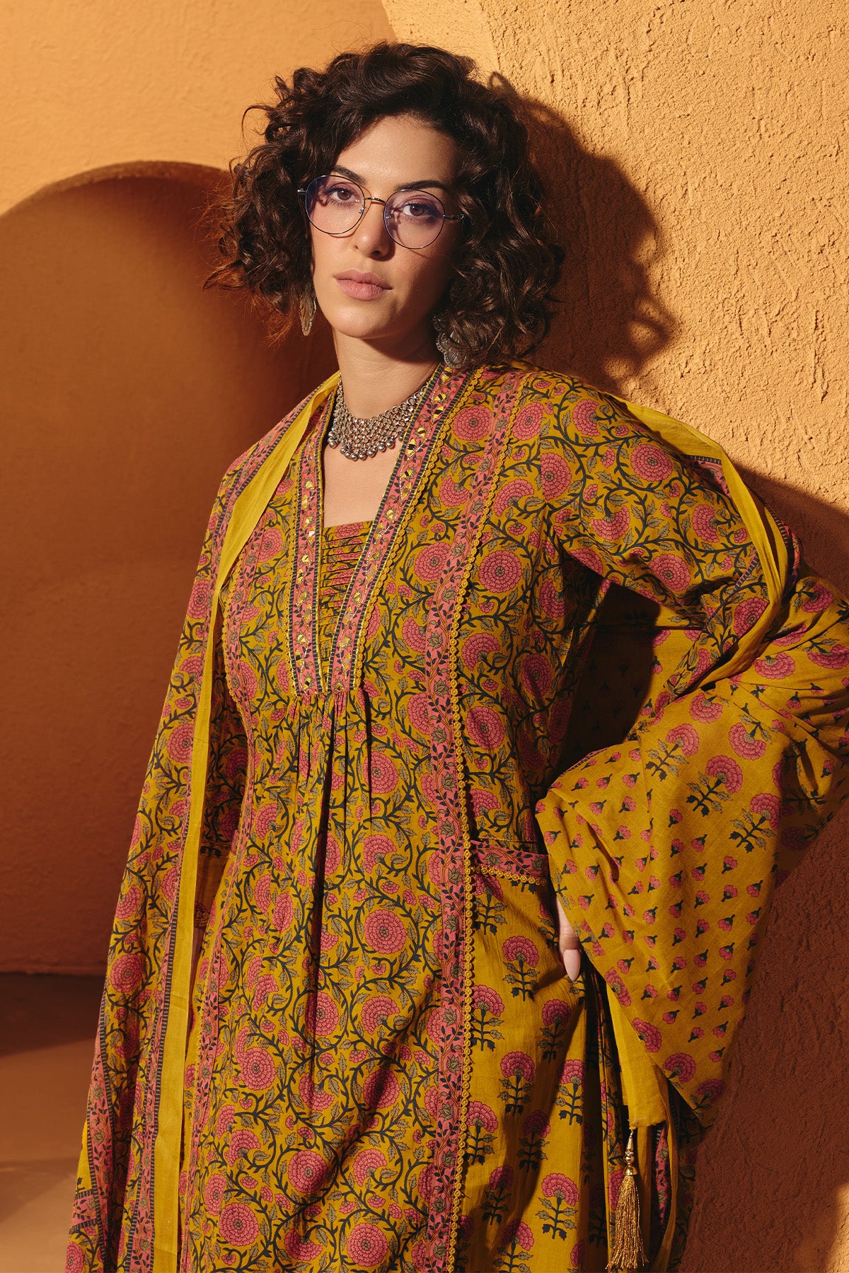 Yellow Printed A-line Kurta 3 Pcs Set