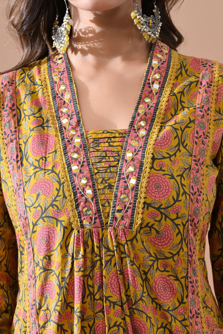 Yellow Printed A-line Kurta Set