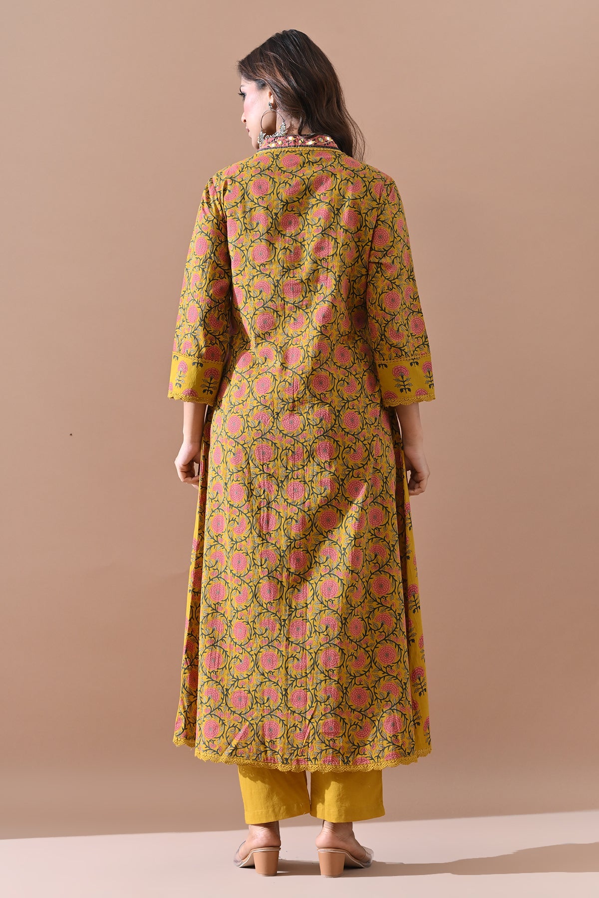Yellow Printed A-line Kurta Set