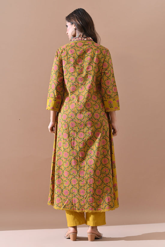 Yellow Printed A-line Kurta Set
