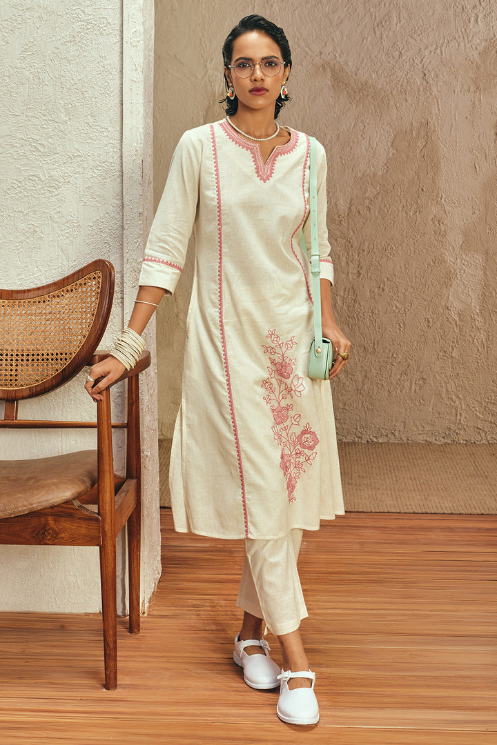 Cream Embroidered Kurta Set