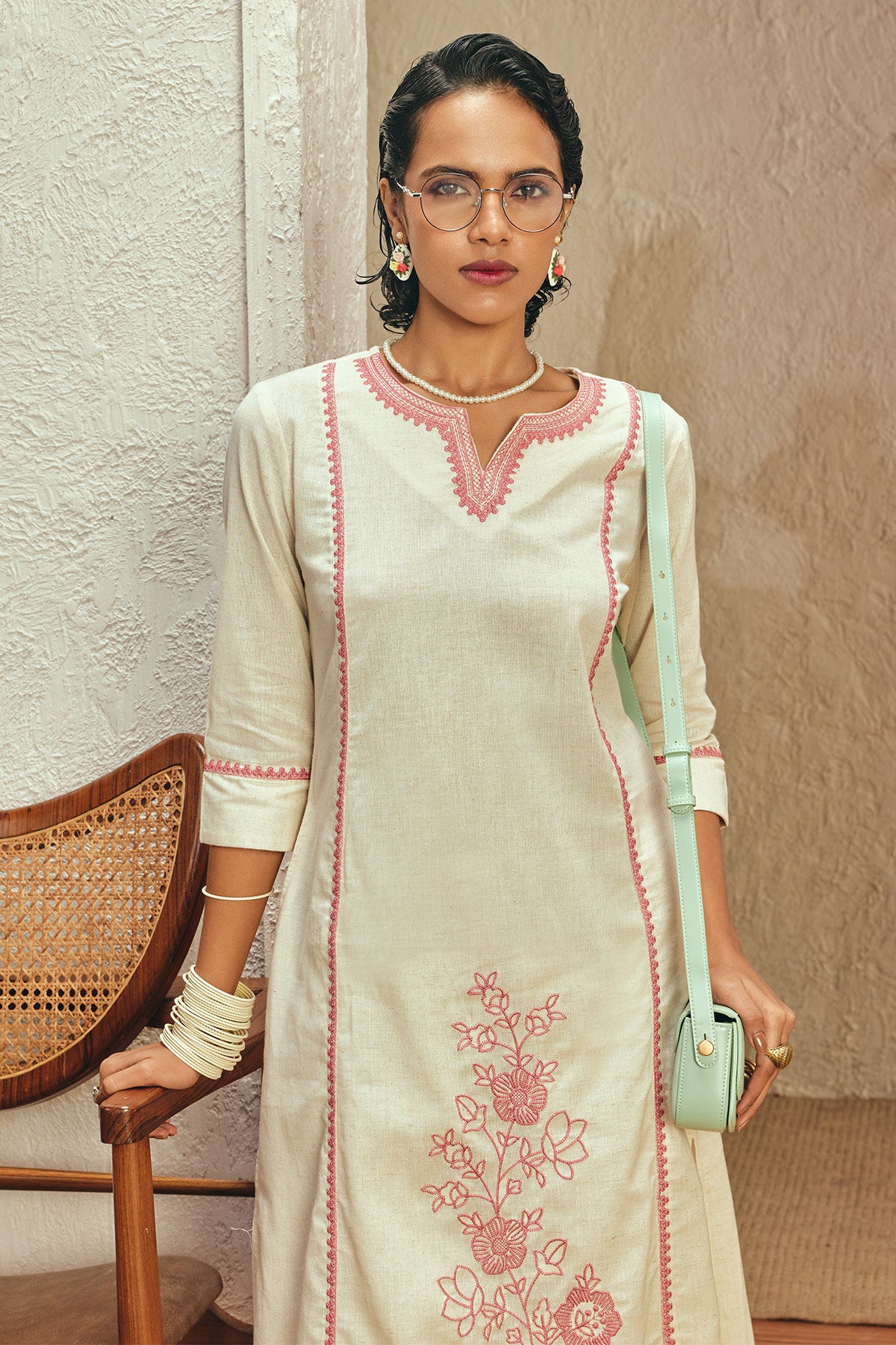 Cream Embroidered Kurta 2 Pcs Set