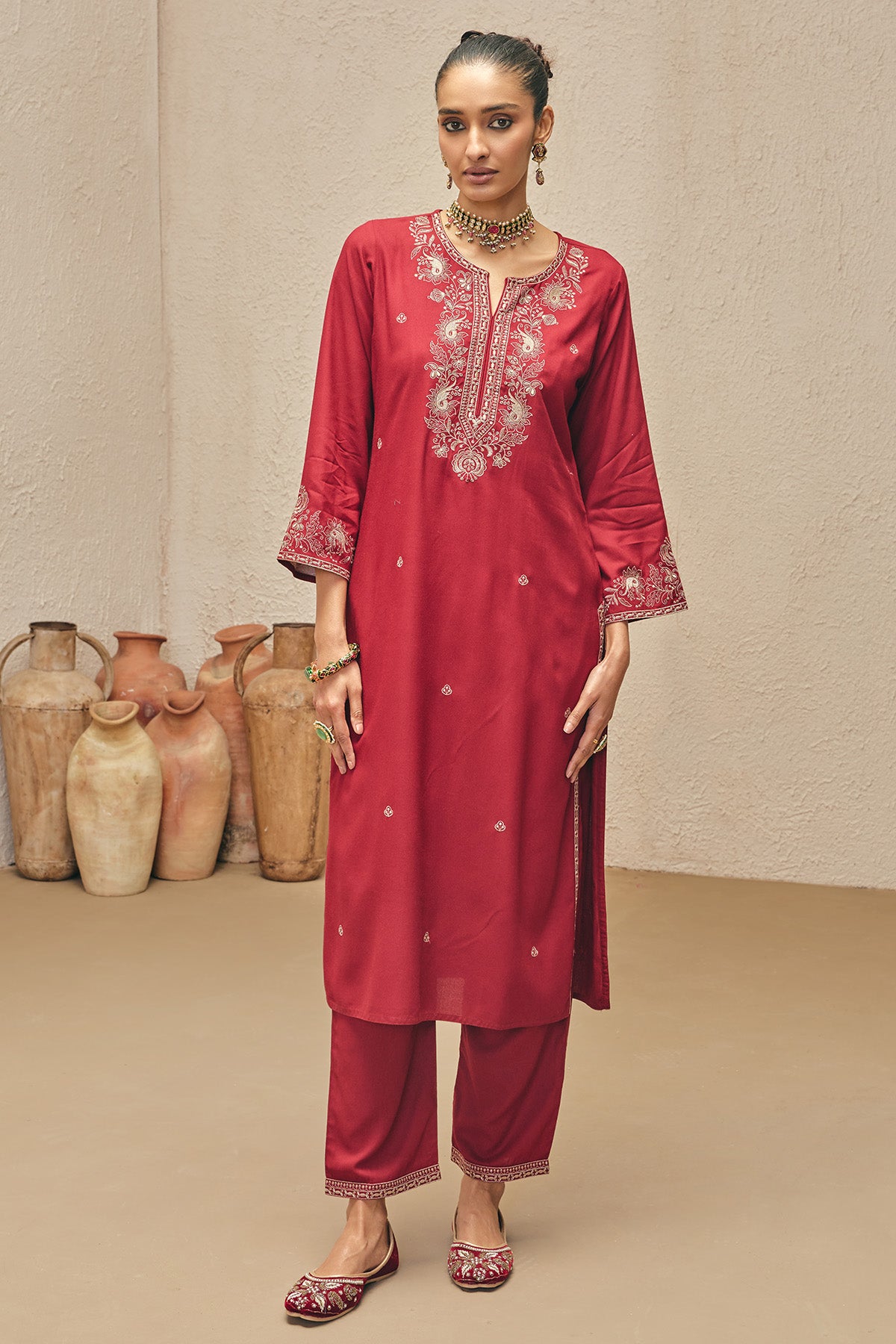 Maroon Embroidered Kurta 2 Pcs Set