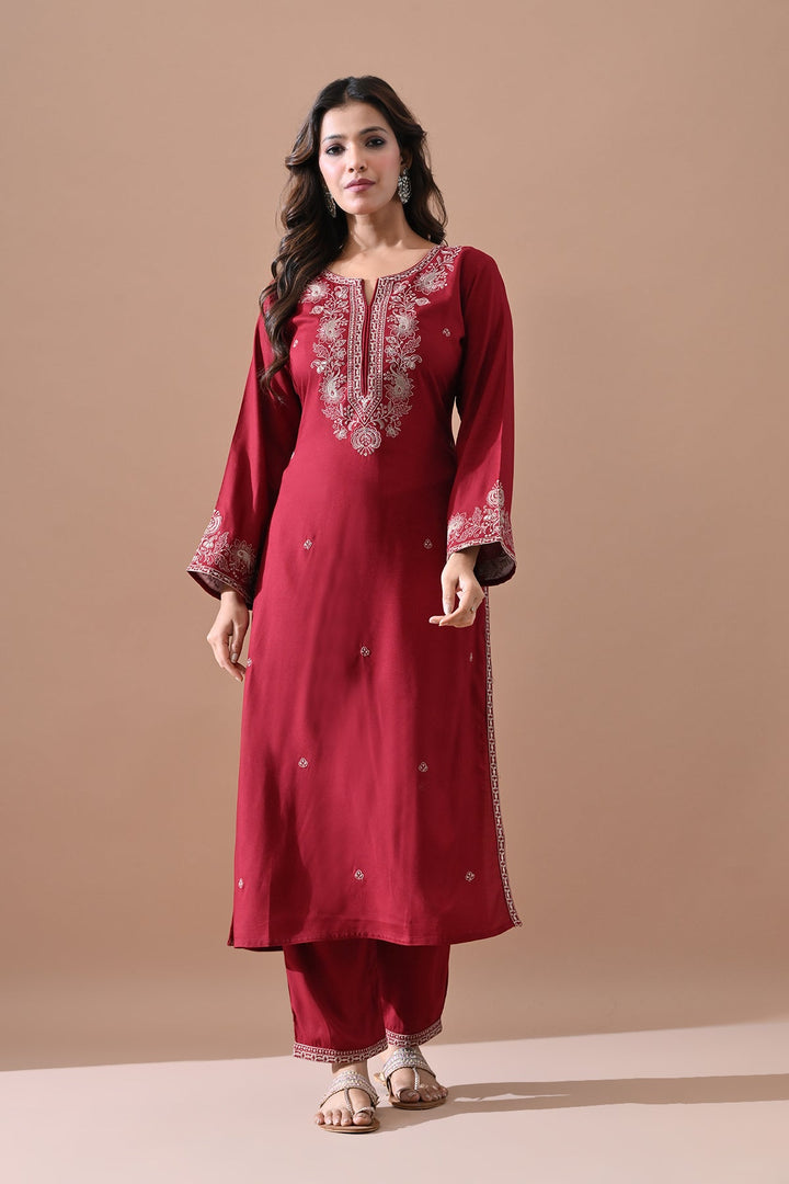 Maroon Embroidered Kurta Set