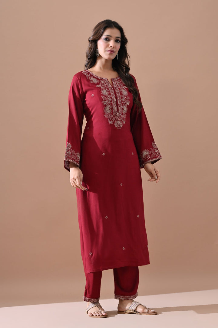 Maroon Embroidered Kurta Set