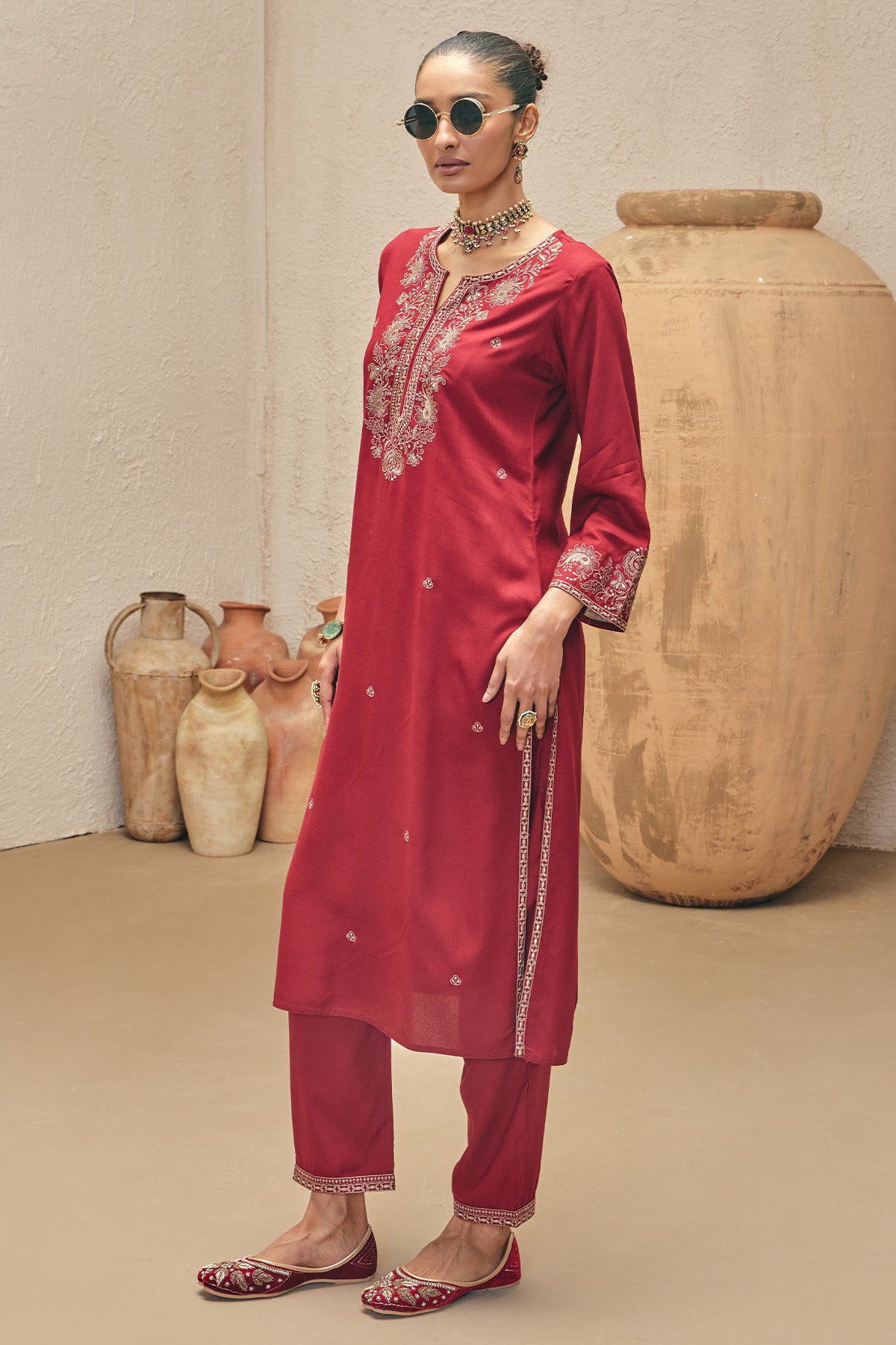Maroon Embroidered Kurta 2 Pcs Set
