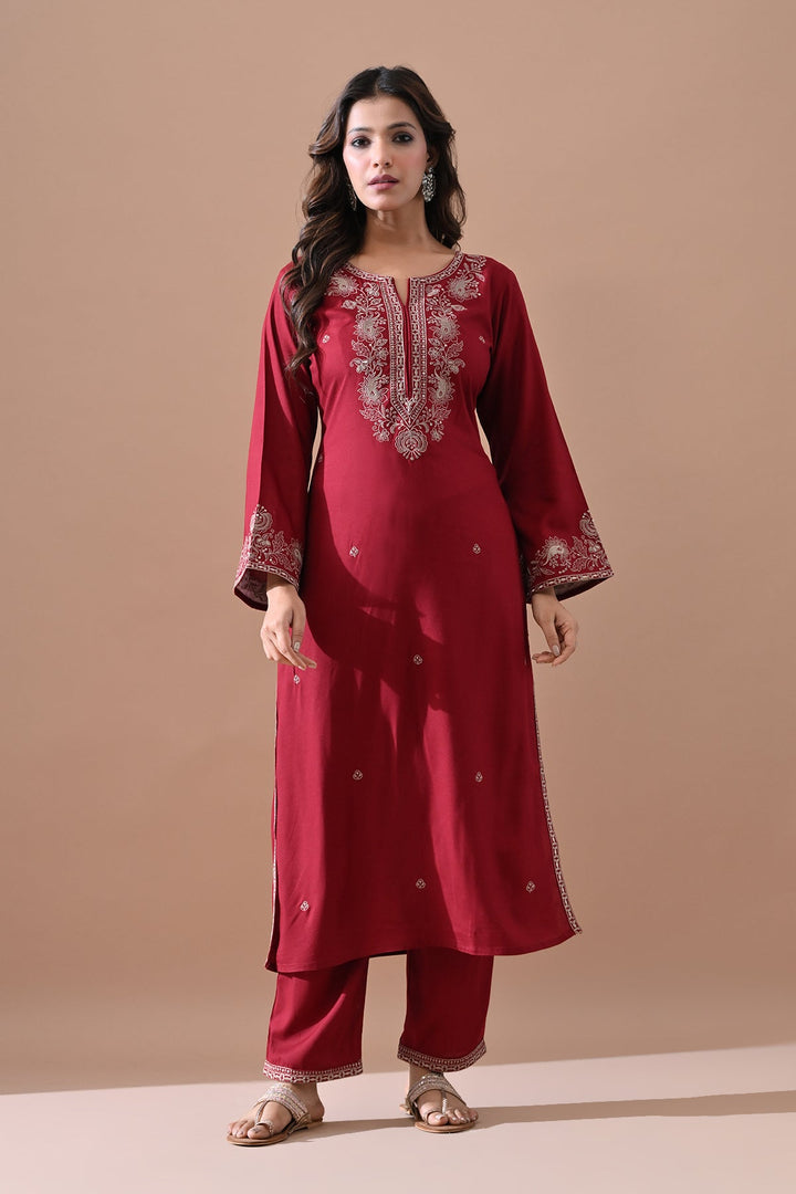 Maroon Embroidered Kurta Set