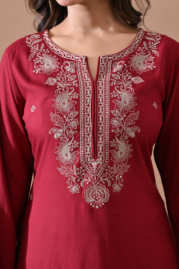 Maroon Embroidered Kurta Set