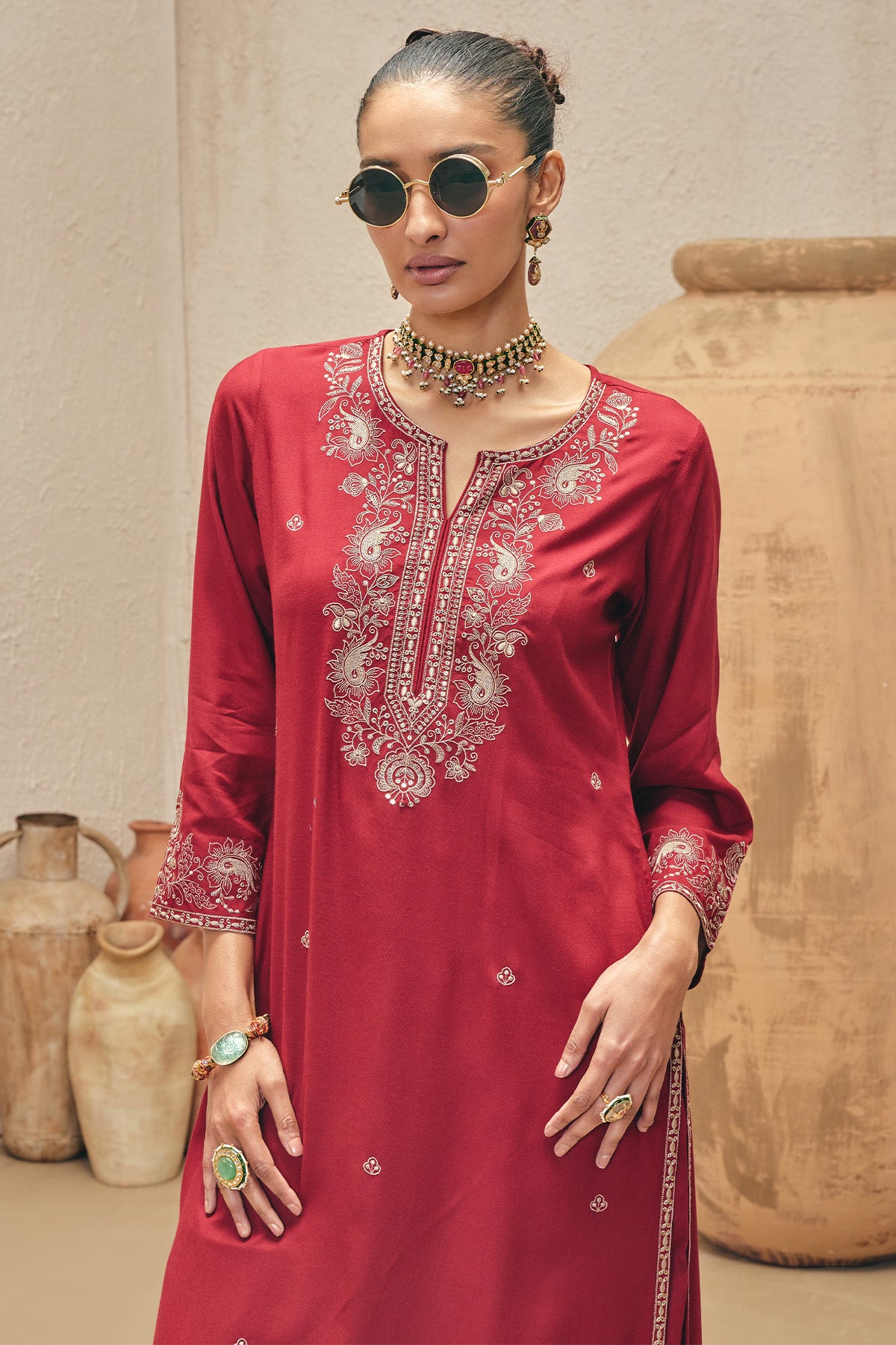 Maroon Embroidered Kurta 2 Pcs Set