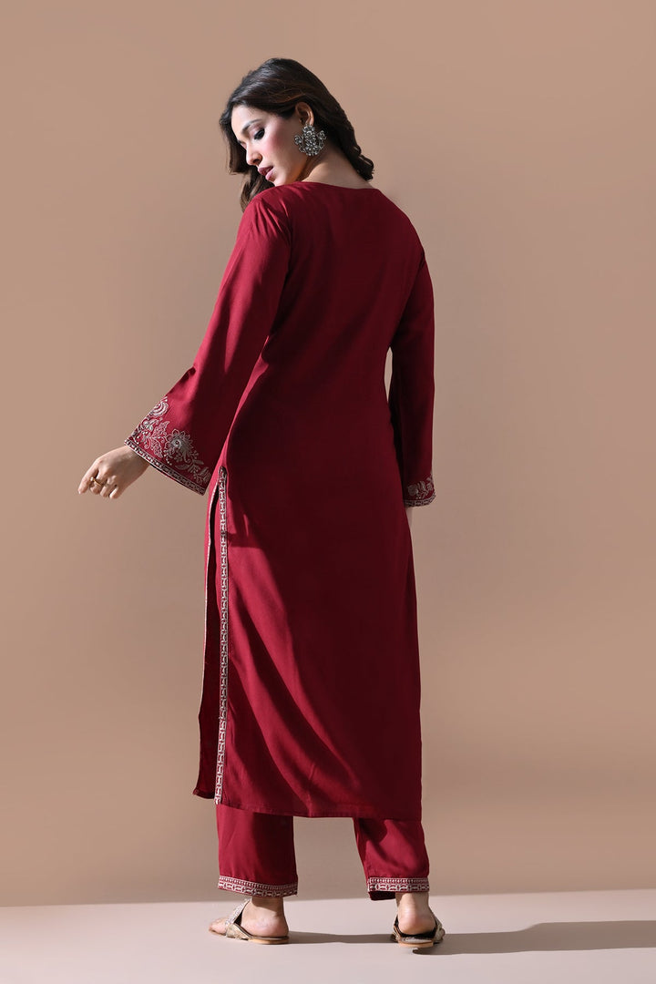 Maroon Embroidered Kurta Set