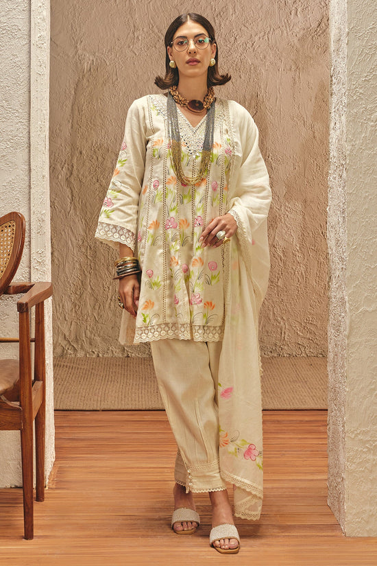 Cream Printed Embellished Kurta 3 Pcs Set