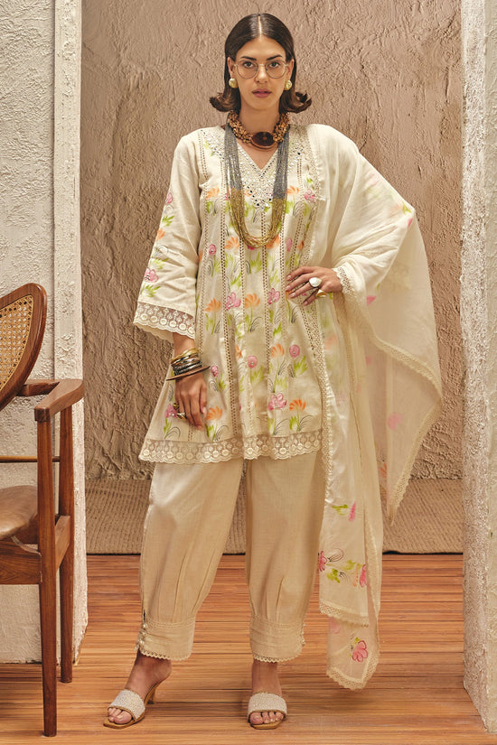 Cream Printed Embellished Kurta 3 Pcs Set