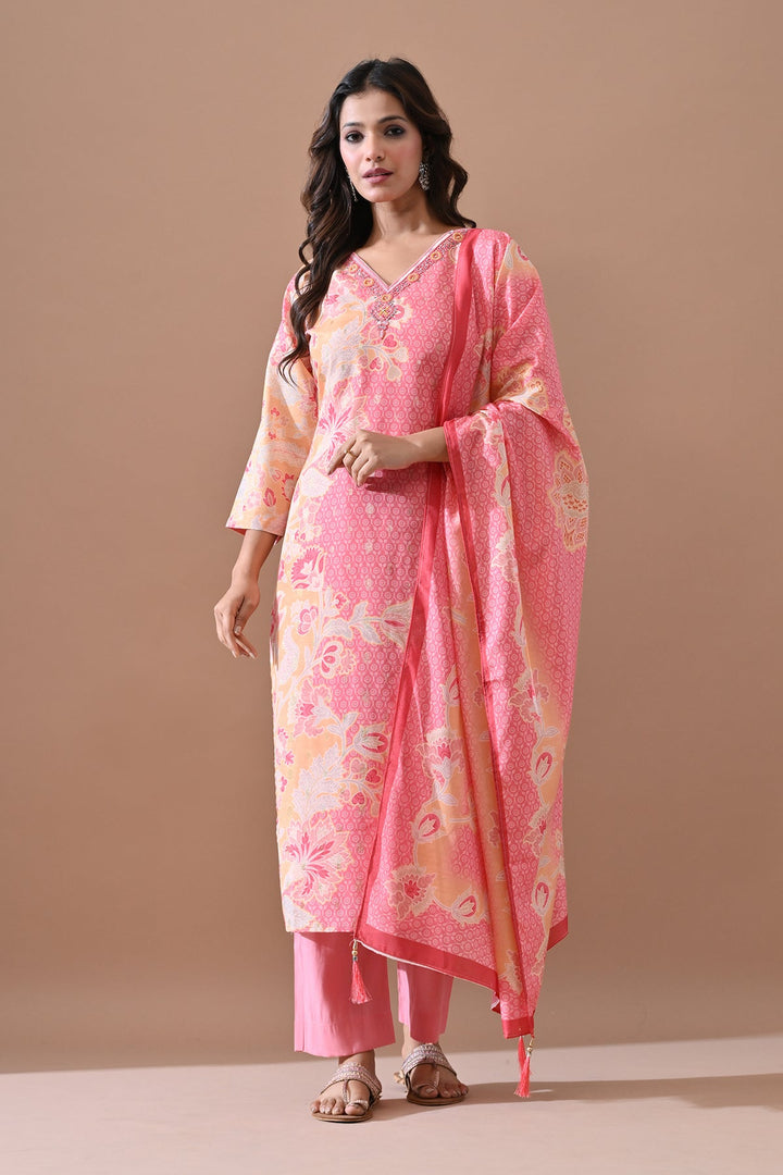 Pink Printed Embellished Kurta Set