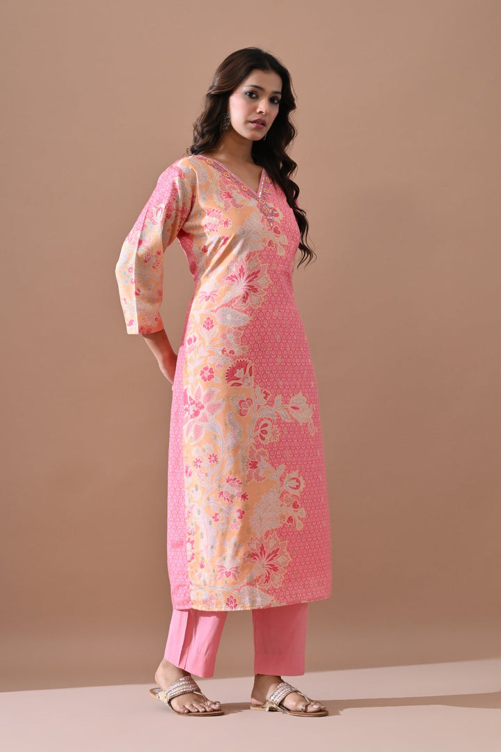 Pink Printed Embellished Kurta Set