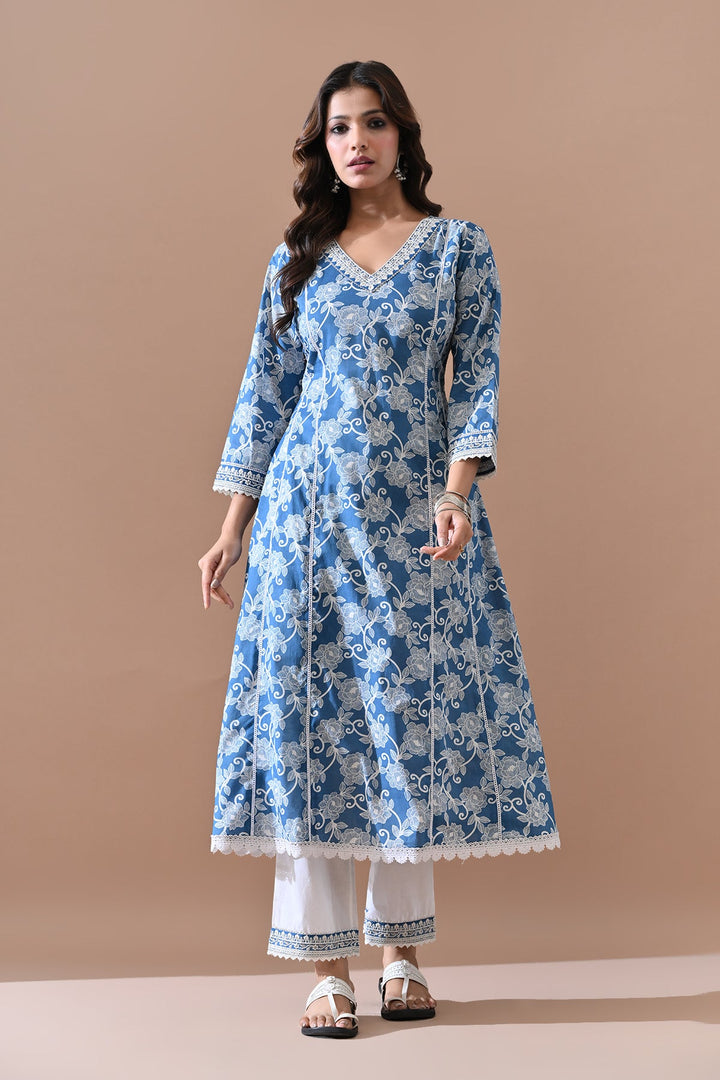 Blue Floral Printed Kurta Set