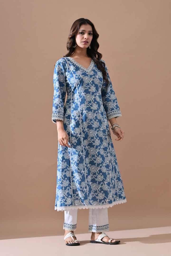 Blue Floral Printed Kurta Set