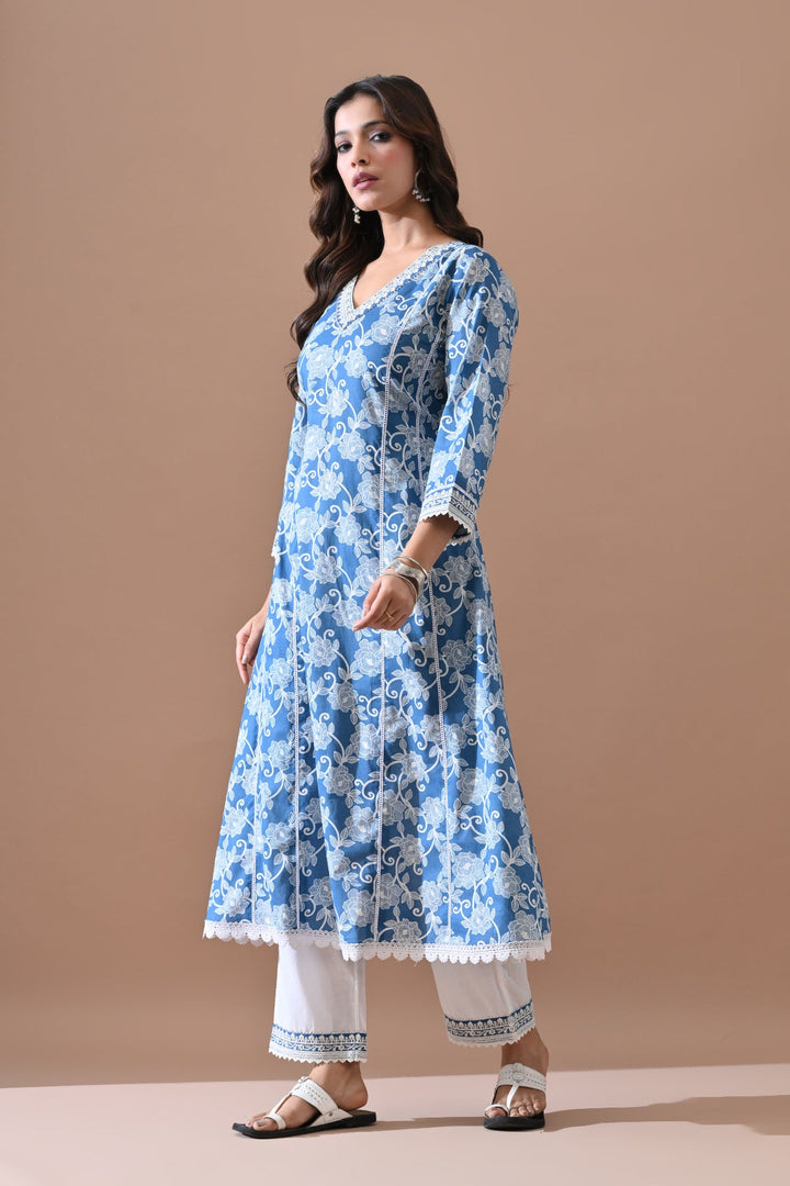 Blue Floral Printed Kurta Set