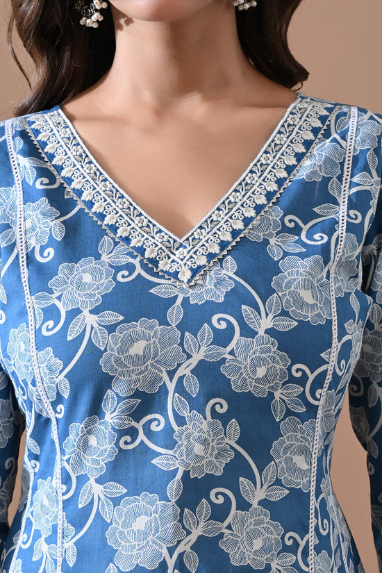 Blue Floral Printed Kurta 2 Pcs Set