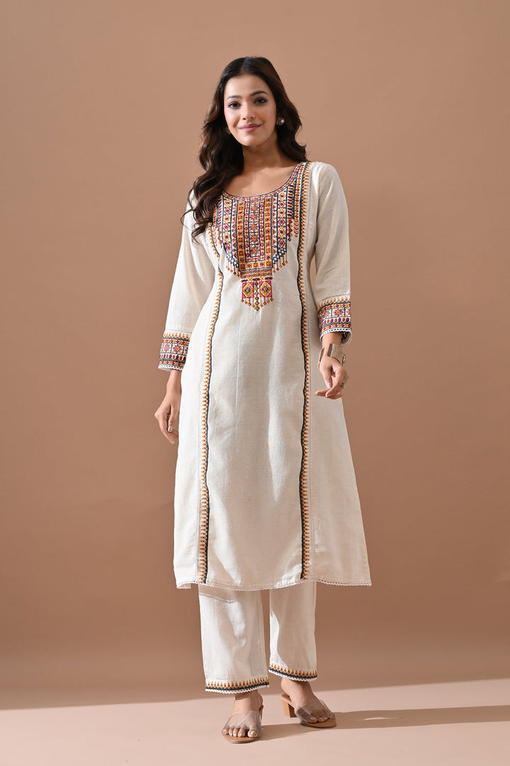 Cream Embroidered Kurta Set