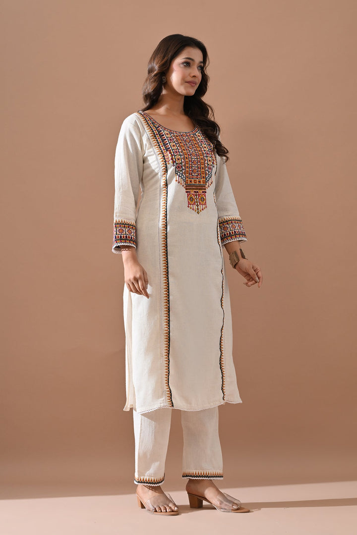 Cream Embroidered Kurta Set