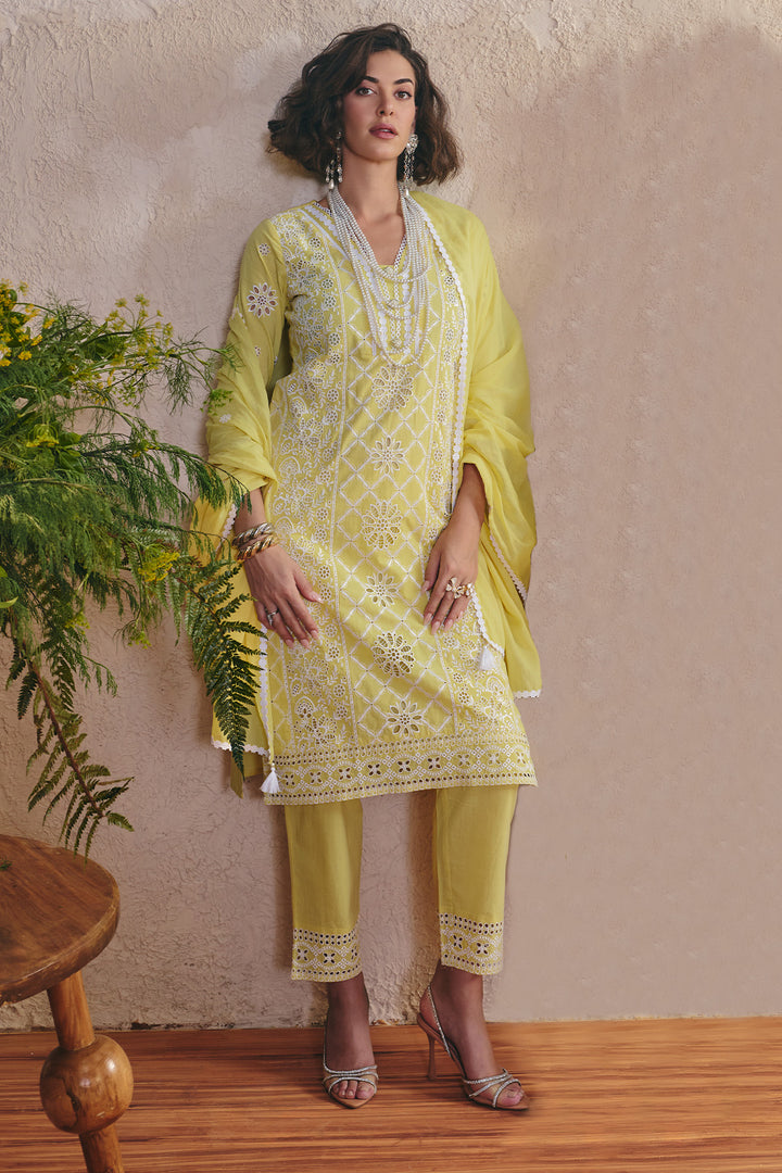Yellow Embroidered Kurta Set (3 Piece)