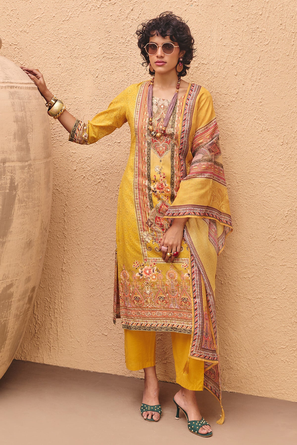 Yellow Printed Embroidered kurta 3 Pcs Set