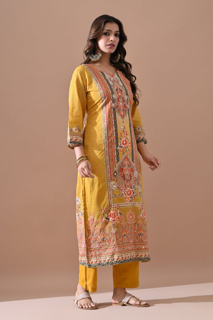 Yellow Printed Embroidered kurta set